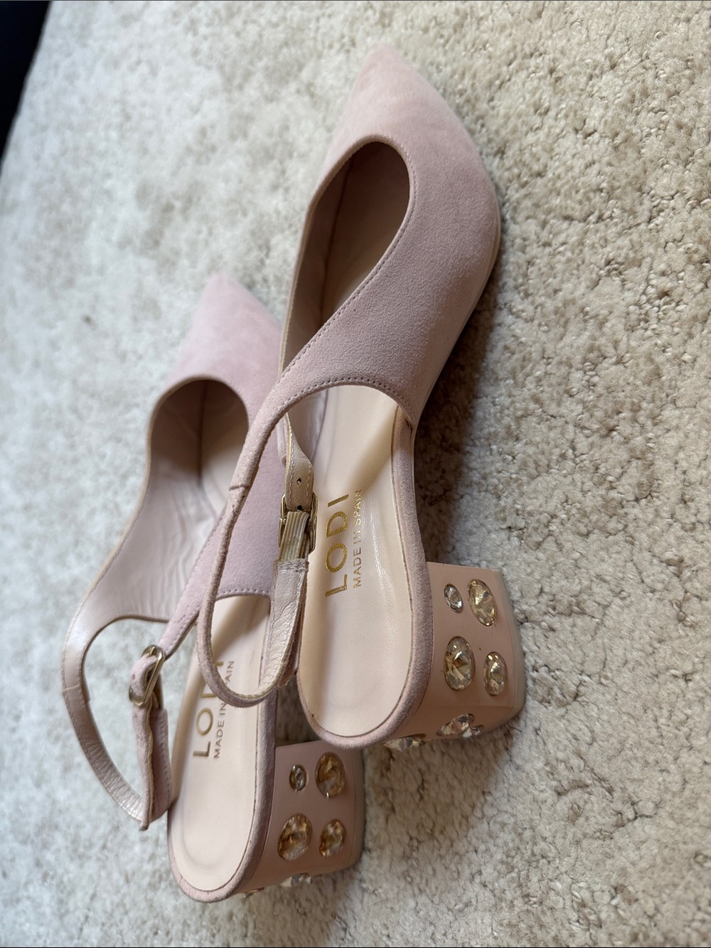 Blush Suede Jeweled Block Heel Slingbacks